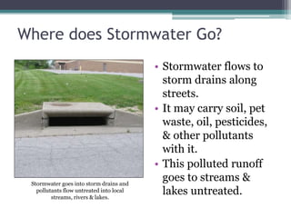 Where does Stormwater Go?
• Stormwater flows to
storm drains along
streets.
• It may carry soil, pet
waste, oil, pesticides,
& other pollutants
with it.
• This polluted runoff
goes to streams &
lakes untreated.
Stormwater goes into storm drains and
pollutants flow untreated into local
streams, rivers & lakes.
 