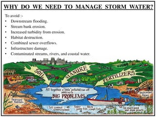WHY DO WE NEED TO MANAGE STORM WATER?
To avoid :-
• Downstream flooding.
• Stream bank erosion.
• Increased turbidity from...