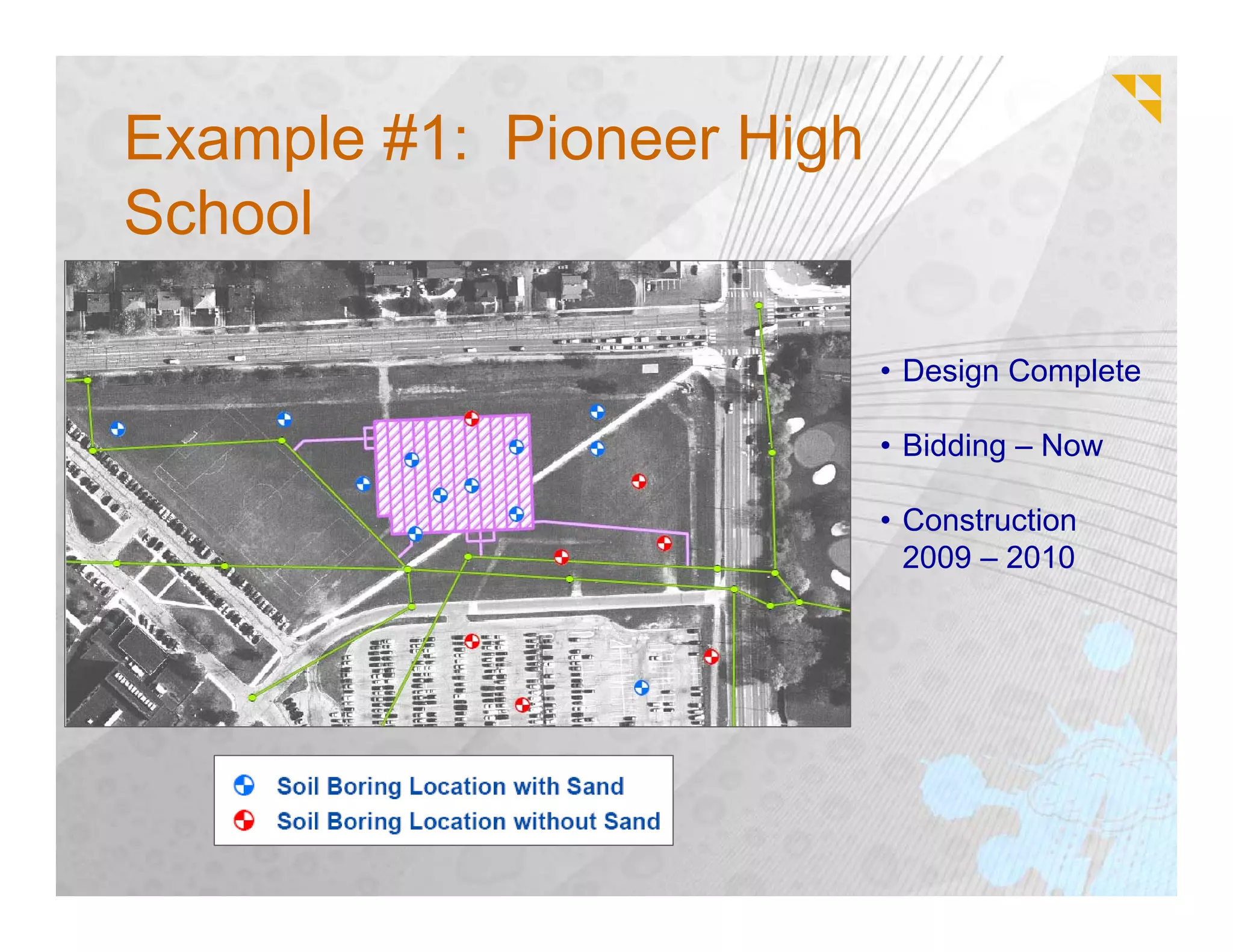 Example #1: Pioneer High
School

                           • Design Complete

                           • Bidding – Now

                           • Construction
                             2009 – 2010
 