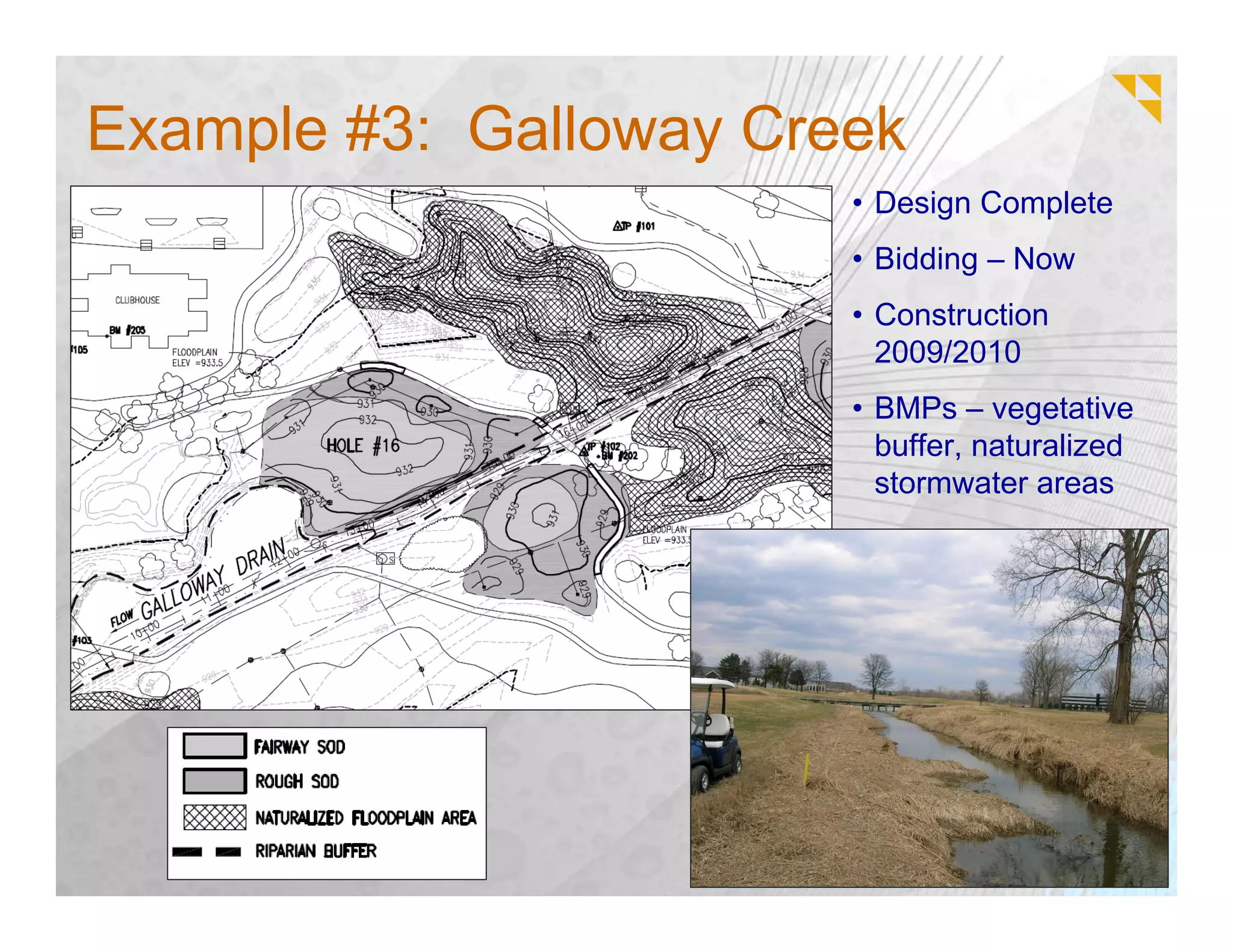 Example #3: Galloway Creek
                        • Design Complete
                        • Bidding – Now
                        • Construction
                          2009/2010
                        • BMPs – vegetative
                          buffer, naturalized
                          stormwater areas
 