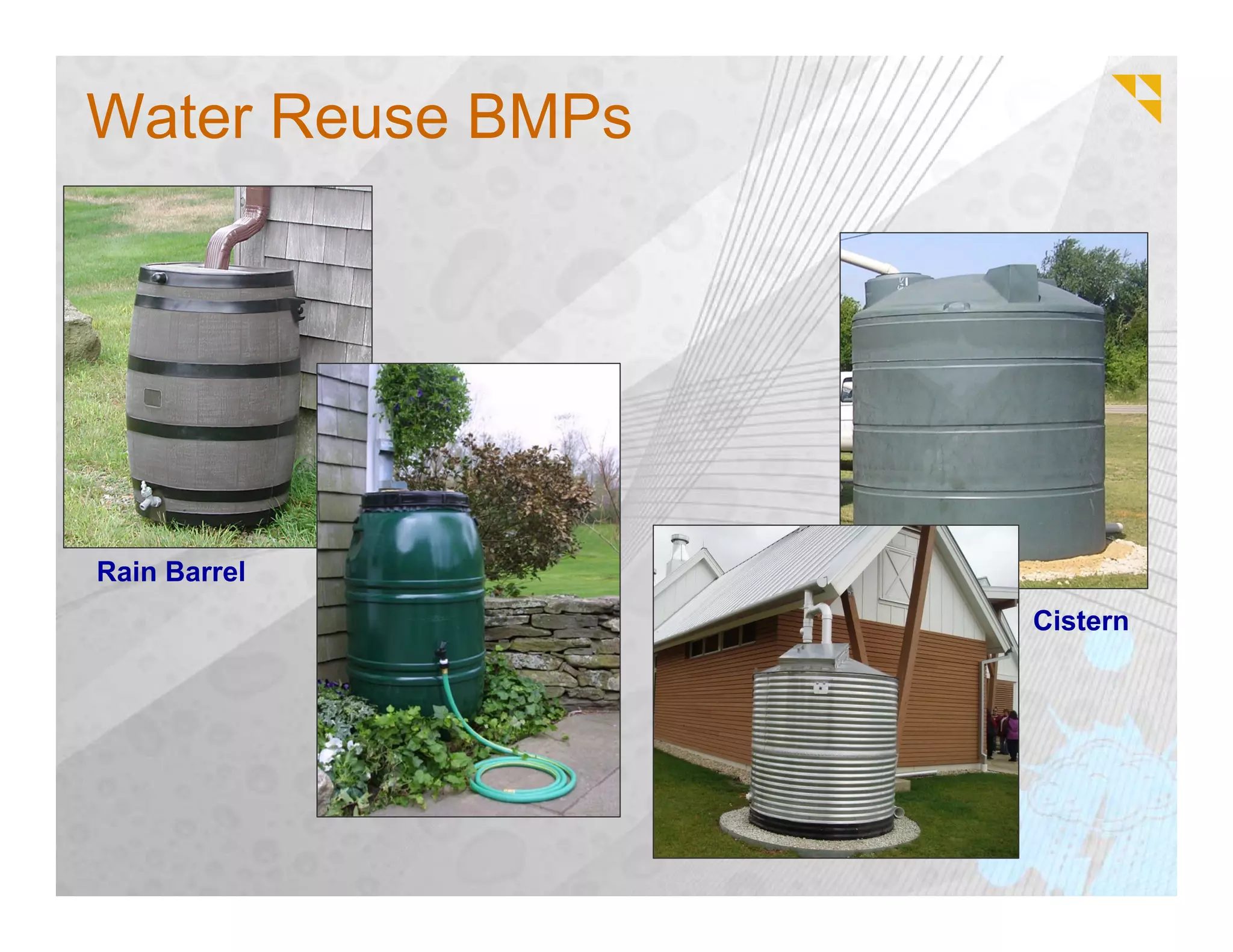Water Reuse BMPs




Rain Barrel
                   Cistern
 