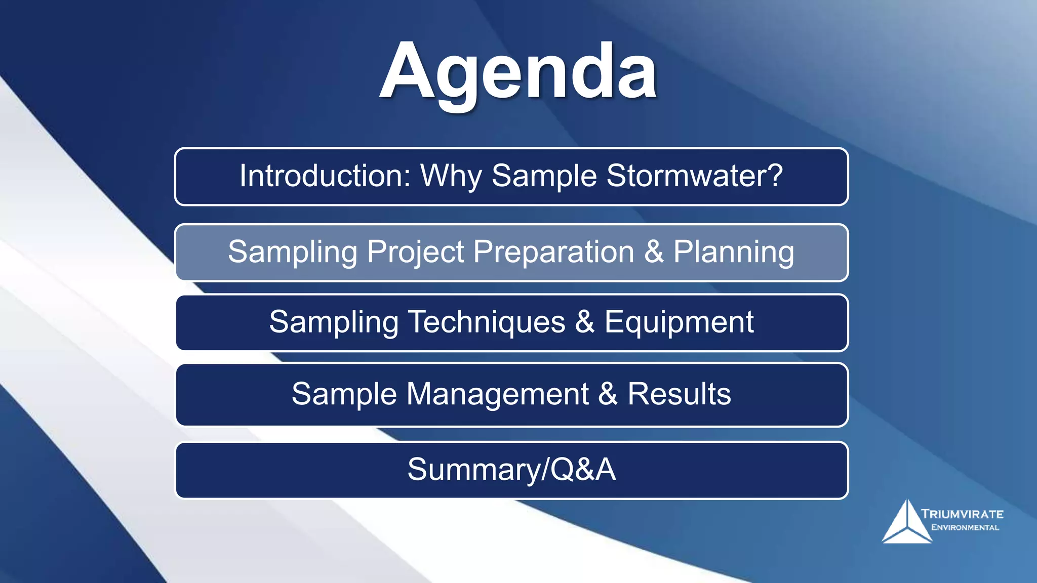 Introduction: Why Sample Stormwater?
Sampling Project Preparation & Planning
Sampling Techniques & Equipment
Sample Management & Results
Summary/Q&A
Agenda
 