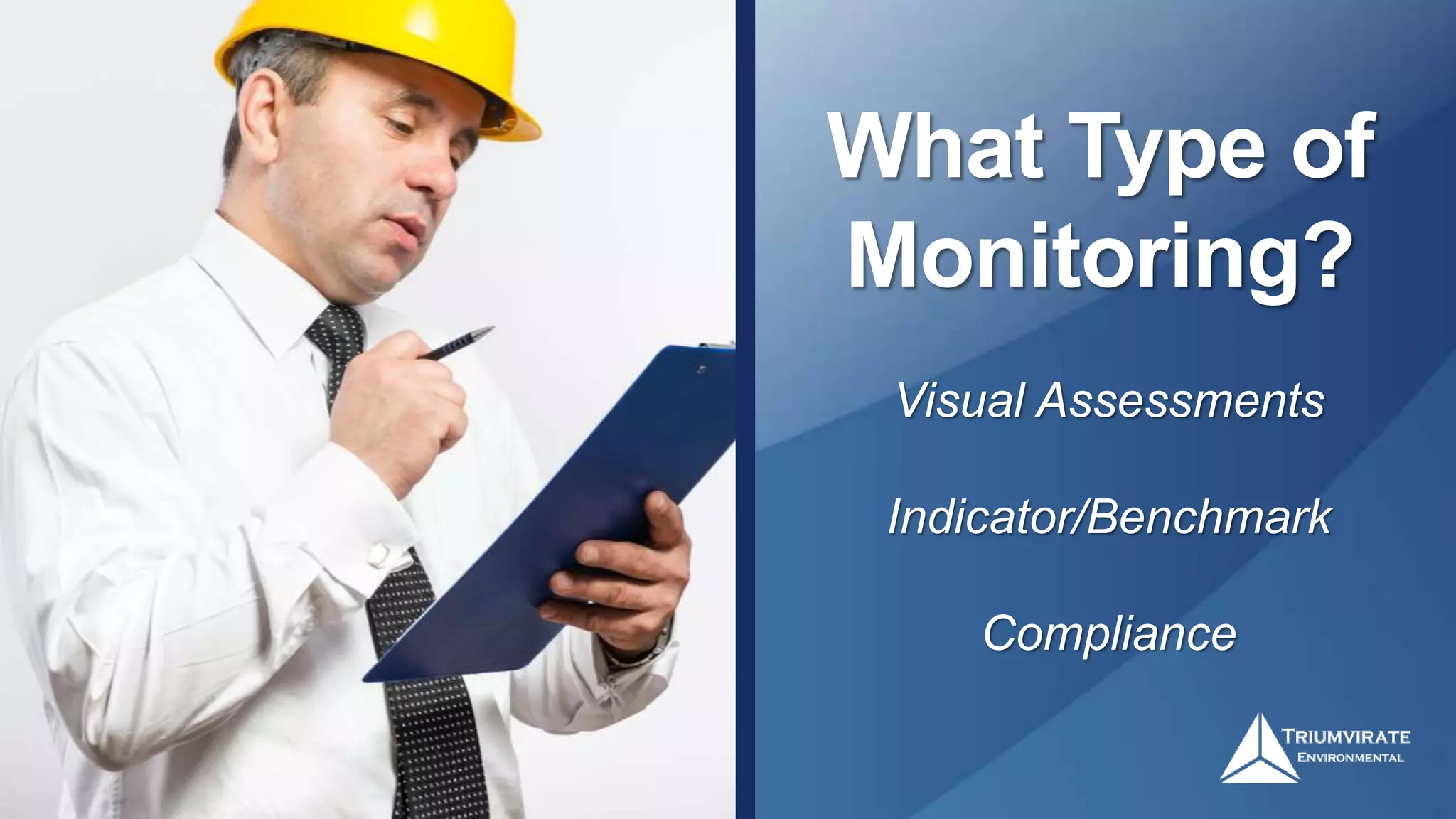 What Type of
Monitoring?
Visual Assessments
Indicator/Benchmark
Compliance
 