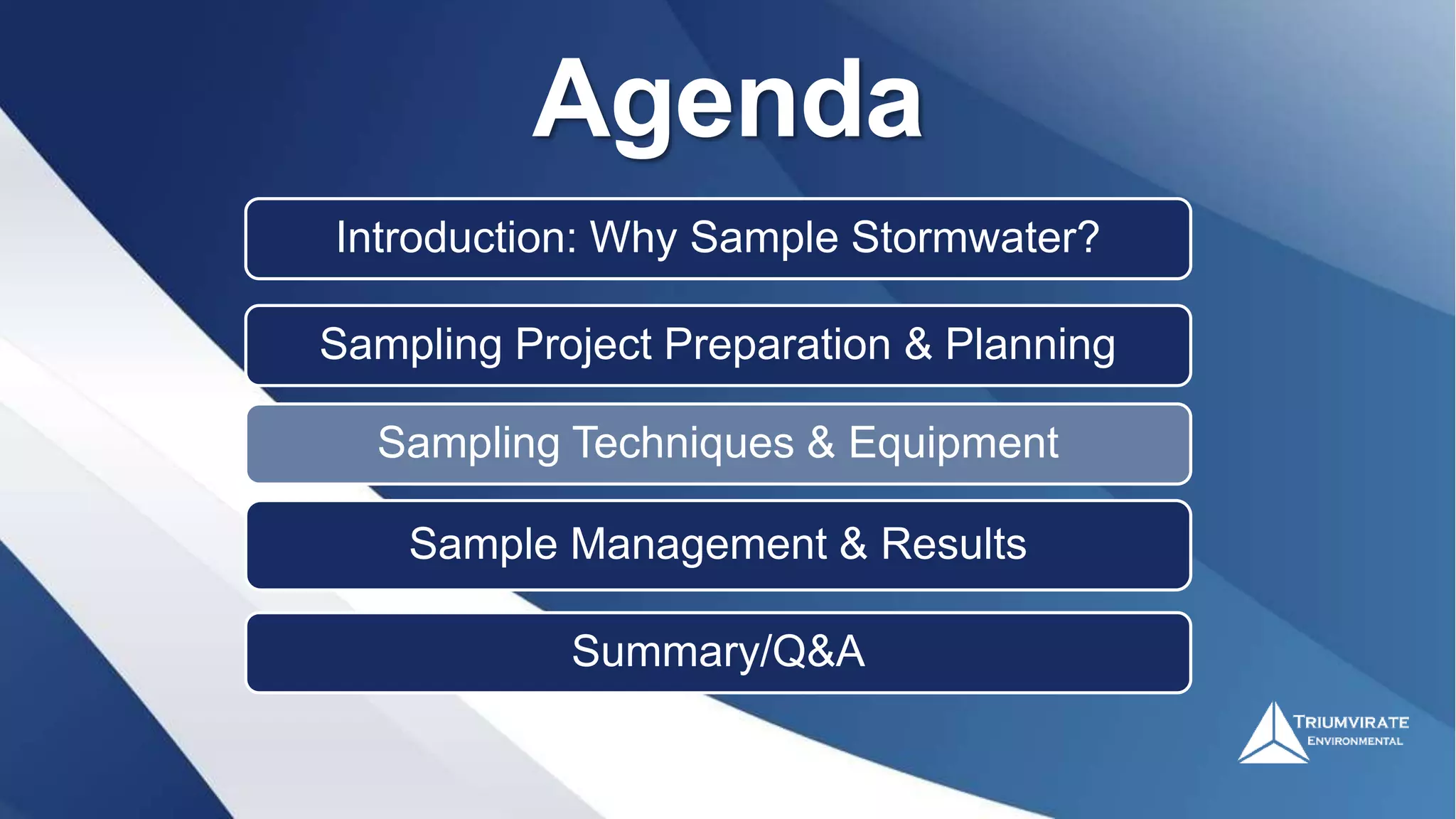 Introduction: Why Sample Stormwater?
Sampling Project Preparation & Planning
Sampling Techniques & Equipment
Sample Management & Results
Summary/Q&A
Agenda
 