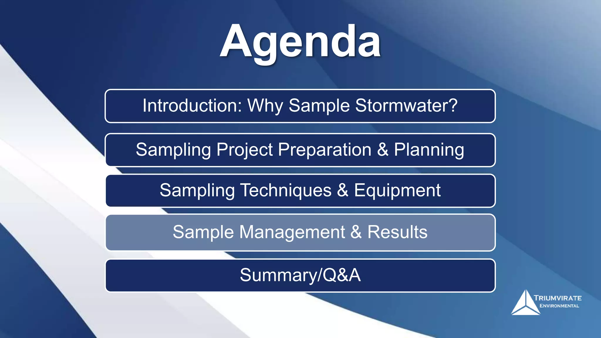Introduction: Why Sample Stormwater?
Sampling Project Preparation & Planning
Sampling Techniques & Equipment
Sample Management & Results
Summary/Q&A
Agenda
 