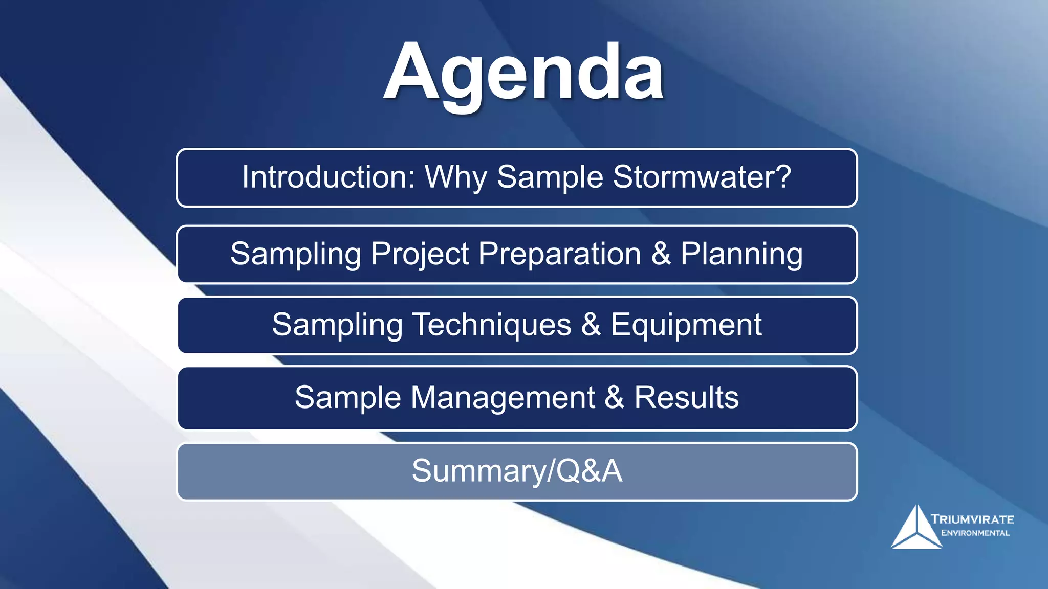 Introduction: Why Sample Stormwater?
Sampling Project Preparation & Planning
Sampling Techniques & Equipment
Sample Management & Results
Summary/Q&A
Agenda
 