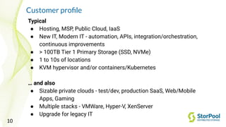 Customer proﬁle
Typical
● Hosting, MSP, Public Cloud, IaaS
● New IT, Modern IT - automation, APIs, integration/orchestrati...