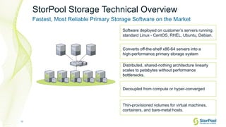 12
StorPool Storage Technical Overview
Software deployed on customer’s servers running
standard Linux - CentOS, RHEL, Ubun...