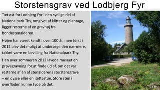 Storstensgrav ved Lodbjerg Fyr
Tæt øst for Lodbjerg Fyr i den sydlige del af
Nationalpark Thy, omgivet af klitter og plantage,
ligger resterne af en gravhøj fra
bondestenalderen.
Højen har været kendt i over 100 år, men først i
2012 blev det muligt at undersøge den nærmere,
takket være en bevilling fra Nationalpark Thy.
Hen over sommeren 2012 lavede museet en
prøvegravning for at finde ud af, om det var
resterne af én af stenalderens storstensgrave
– en dysse eller en jættestue. Store sten i
overfladen kunne tyde på det.

1 / 10

 