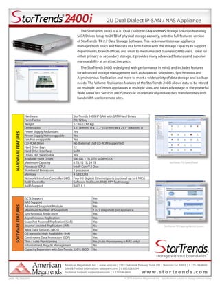 HARDWAREFEATURES
Hardware StorTrends 2400i IP-SAN with SATA Hard Drives
Form Factor 2U, 12 bay
Weight 52 lbs. (23.6 kg)
Dimensions 3.5”(89mm) H x 17.2”(437mm) W x 25.5”(648mm) D
Power Supply Redundant Yes
Power Supply Hot-swappable Yes
Fan Hot-swappable Yes
CD-ROM Drive No (External USB CD-ROM supported)
Hard Drive Bays 12
Hard Drive Interface SATA
Drives Hot Swappable Yes
Available Hard Drives 500 GB, 1 TB, 2 TB SATA HDDs
Maximum Capacity 6 TB, 12 TB, 24 TB
Processor (CPU) Intel® Core™ 2 Duo
Number of Processors 1 processor
Memory 4 GB DDR3
Network Interface Controller (NIC) Four (4) Gigabit Ethernet ports (optional up to 6 NICs)
RAID Controller Software RAID with RAID-RT™ Technology
RAID Support RAID 1, 5
2U Dual Dialect IP-SAN / NAS Appliance
American Megatrends Inc. | www.ami.com | 5555 Oakbrook Parkway, Suite 200 | Norcross GA 30093 | t: 770.246.8600
Sales & Product Information: sales@ami.com | t: 800.828.9264
Technical Support: support@ami.com | t: 770.246.8645
The StorTrends 2400i is a 2U Dual Dialect IP-SAN and NAS Storage Solution featuring
SATA Drives for up to 24 TB of physical storage capacity, with the full-featured version
of StorTrends iTX 2.7 Data Storage Software. This rack-mount storage appliance
manages both block and file data in a form factor with the storage capacity to support
departments, branch offices, and small to medium sized business (SMB) users. Ideal for
either primary or secondary storage, it provides many advanced features and superior
manageability at an attractive price.
The StorTrends 2400i is designed with performance in mind, and includes features
for advanced storage management such as Advanced Snapshots, Synchronous and
Asynchronous Replication and more to meet a wide variety of data storage and backup
needs. The Volume Replication features of the StorTrends 2400i allows data to be stored
on multiple StorTrends appliances at multiple sites, and takes advantage of the powerful
Wide Area Data Services (WDS) module to dramatically reduce data transfer times and
bandwidth use to remote sites.
SOFTWAREFEATURES
iSCSI Support Yes
NAS Support Yes
Advanced Snapshot Module Yes
Maximum Number of Snapshots 1,022 snapshots per appliance
Synchronous Replication Yes
Asynchronous Replication Yes
Snapshot Assisted Replication (SAR) Yes
Journal Assisted Replication (JAR) No
WAN Data Services (WDS) Yes
OS-agnostic High Availability (HA) No
Continuous Data Protection (CDP) Yes
Thin / Auto Provisioning Yes (Auto Provisioning is NAS only)
Information Lifecycle Management No
Capacity Expansion with StorTrends 3201j JBOD No
storage without boundaries™
StorTrends iTX Control Panel
StorTrends iTX Capacity Monitor Screen
© 2010 American Megatrends Inc. - Specifications subject to change without notice2400i_PB_10062010
 