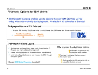 IGF - External

 Financing Options for IBM clients

     IBM Global Financing enables you to acquire the new IBM Storwize V3700
     today with a low monthly lease payment. Available in 40 countries in Europe!

 Full payout lease at 0% Interest
           Acquire IBM Storwize V3700 now to get 12-month lease, plus 0% interest with simple monthly payment.

                 Total Purchase Price          Monthly
                                          =    Payment
                         12



     Fair Market Value Lease
       Savings over purchase option, lower costs throughout the IT
                                                                          FMV provides 3 end of lease options
       lifecycle, and improved asset management.
                                                                                               Return the equipment at the
       Lowest monthly payment for IT use and return, not ownership                             conclusion of the contract
       Avoid technology obsolescence and increase flexibility through          Purchase it outright at the then-current
       our Lease option                                                        fair market value

                                                                                   Continue with monthly payments until an
     Contact IBM Global Financing for details!                                     acquisition decision is made



21                                                                                                            © 2013 IBM Corporation
 