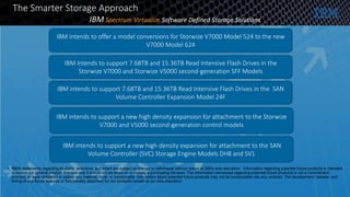 The Smarter Storage Approach
IBM Spectrum Virtualize Software Defined Storage Solutions
IBM intends to offer a model conversions for Storwize V7000 Model 524 to the new
V7000 Model 624
IBM intends to support 7.68TB and 15.36TB Read Intensive Flash Drives in the
Storwize V7000 and Storwize V5000 second-generation SFF Models
IBM intends to support a new high density expansion for attachment to the Storwize
V7000 and V5000 second-generation control models
IBM intends to support 7.68TB and 15.36TB Read Intensive Flash Drives in the SAN
Volume Controller Expansion Model 24F
IBM intends to support a new high density expansion for attachment to the SAN
Volume Controller (SVC) Storage Engine Models DH8 and SV1
• IBM's statements regarding its plans, directions, and intent are subject to change or withdrawal without notice at IBM's sole discretion. Information regarding potential future products is intended
to outline our general product direction and it should not be relied on in making a purchasing decision. The information mentioned regarding potential future products is not a commitment,
promise, or legal obligation to deliver any material, code, or functionality. Information about potential future products may not be incorporated into any contract. The development, release, and
timing of any future features or functionality described for our products remain at our sole discretion.
 