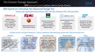 DATANET, Gesco
Consorzio Cooperativo
S.c.a., Memorial
Hermann Healthcare
System, CRH Europe
Distribution
Grupo CEEE, HR Group
GmbH & Co. KG, LEONI
AG, Talleres y Aceros,
ThyssenKrupp Marine
Systems GmbH
Zhuhai Human Resources
and Social Security
Bureau, University of
Stuttgart, MC GROUP plc,
SoftBank Mobile
Wroclaw Research Centre
EIT+ Sp. z
o.o.,BIOCEV,dreibus
informations-
technologien, ITCE-
Systemhaus GmbH
Kelsey-Seybold Clinic, UF
Health Shands Hospital
Taicang Rural Commercial Bank,
The Saraswat Co-operative
Bank, Getin Noble Bank, Intesa
Sanpaolo Card, Housing and
Development Bank SAE, Banco
Multiva, Intesa Sanpaolo Card
Ltd.
Memorial Hermann,
Koninklijke Philips nv, The
National Institute of
Cardiovascular Diseases, NZ
Health Partnerships, St.
Elisabeth Ziekenhuis Tilburg,
Shenzhen Children’s Hospital
Anhui Heli Co., Welch Foods
Inc., Fiorini Industrial
Packaging S.p.A., Calçados
Bottero Ltda, Cooperlat Soc.
Coop. Agricola, Fiorini
Industrial Packaging S.p.A.
Unione dei Comuni Valle del
Savio, Arizona State Land
Department, e-finance, Customs
Chamber in Wroclaw, Tribunal
Regional do Trabalho da 20ª
Região, Zhuhai Human
Resources and Social Security
Bureau
Celcom Axiata,
SoftBank Mobile Corp.
Nextra Teleservices Pvt. Ltd.
Clients span applications from Oracle, DB2, SAP, SQL, VMware, EPIC, VDI and others
Solutions across a variety of industries - Finance, Healthcare, Manufacturing, Government, Telco and many more…
IBM Spectrum Virtualize Has Balanced Design For
The Smarter Storage Approach
IBM Spectrum Virtualize Software Defined Storage Solutions
 