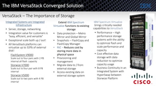 Integrated Systems are Integrated
Infrastructure
• Server, storage, networking
• Integration value for customers is
“easy, efficient, and versatile”
• Exceptional scale both up / out!
• All VersaStack platforms can
virtualize up to 32Pb of external
disk!
IBM Spectrum Virtualize
brings critically needed
capabilities to VersaStack
VersaStack – The Importance of Storage
• Data protection – Metro
Mirror and Global Mirror
• Snapshots – FlashCopy and
FlashCopy Manager
• RtC – Reduces cost by
storing more data in
physical space
• Provisioning and
management
• Migrate data to / from
external storage
• Access existing data on
external storage system
FlashSystem V9000
Scale out to four pairs with 2 PB
internal all flash capacity
Storwize V7000
Scale out to four pair with 8 PB
internal
Storwize V5000
Scale out to two pairs with 4 PB
internal
The IBM VersaStack Converged Solution
• Performance – High
performance storage
systems with the ability
to optimize flash and
scale performance and
capacity
• Cost effective data
storage with data
reduction to optimize
capacity usage
• Business Continuity in an
Integrated System with
HyperSwap between
Storwize Platform
Extend IBM Spectrum
Virtualize functions to existing
storage
 