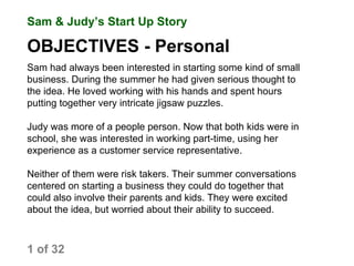 Sam had always been interested in starting some kind of small business. During the summer he had given serious thought to the idea. He loved working with his hands and spent hours putting together very intricate jigsaw puzzles. Judy was more of a people person. Now that both kids were in school, she was interested in working part-time, using her experience as a customer service representative. Neither of them were risk takers. Their summer conversations centered on starting a business they could do together that could also involve their parents and kids. They were excited about the idea, but worried about their ability to succeed. OBJECTIVES - Personal Sam & Judy’s Start Up Story 1 of 32 