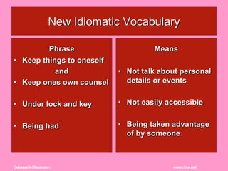 Coleman’s Classroom www.clmn.netColeman’s Classroom www.clmn.net
New Idiomatic Vocabulary
Phrase
• Keep things to oneself
and
• Keep ones own counsel
• Under lock and key
• Being had
Means
• Not talk about personal
details or events
• Not easily accessible
• Being taken advantage
of by someone
 