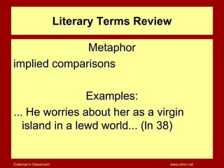 Coleman’s Classroom www.clmn.net
Literary Terms Review
Metaphor
implied comparisons
Examples:
... He worries about her as ...