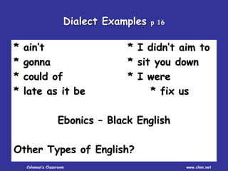 Coleman’s Classroom www.clmn.net
Dialect Examples p 16
* ain’t * I didn’t aim to
* gonna * sit you down
* could of * I were
* late as it be * fix us
Ebonics – Black English
Other Types of English?
 