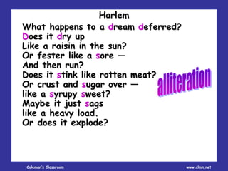 Coleman’s Classroom www.clmn.net
Harlem
What happens to a dream deferred?
Does it dry up
Like a raisin in the sun?
Or fester like a sore —
And then run?
Does it stink like rotten meat?
Or crust and sugar over —
like a syrupy sweet?
Maybe it just sags
like a heavy load.
Or does it explode?
 