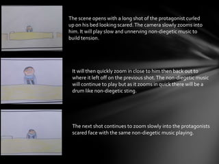 The scene opens with a long shot of the protagonist curled
up on his bed looking scared.The camera slowly zooms into
him. It will play slow and unnerving non-diegetic music to
build tension.
It will then quickly zoom in close to him then back out to
where it left off on the previous shot.The non-diegetic music
will continue to play but as it zooms in quick there will be a
drum like non-diegetic sting.
The next shot continues to zoom slowly into the protagonists
scared face with the same non-diegetic music playing.
 