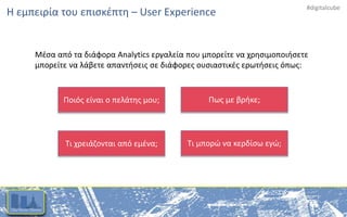 #digitalcube
Η εμπειρία του επισκέπτη – User Experience
Μέσα από τα διάφορα Analytics εργαλεία που μπορείτε να χρησιμοποιήσετε
μπορείτε να λάβετε απαντήσεις σε διάφορες ουσιαστικές ερωτήσεις όπως:
Ποιός είναι ο πελάτης μου; Πως με βρήκε;
Τι χρειάζονται από εμένα; Τι μπορώ να κερδίσω εγώ;
 