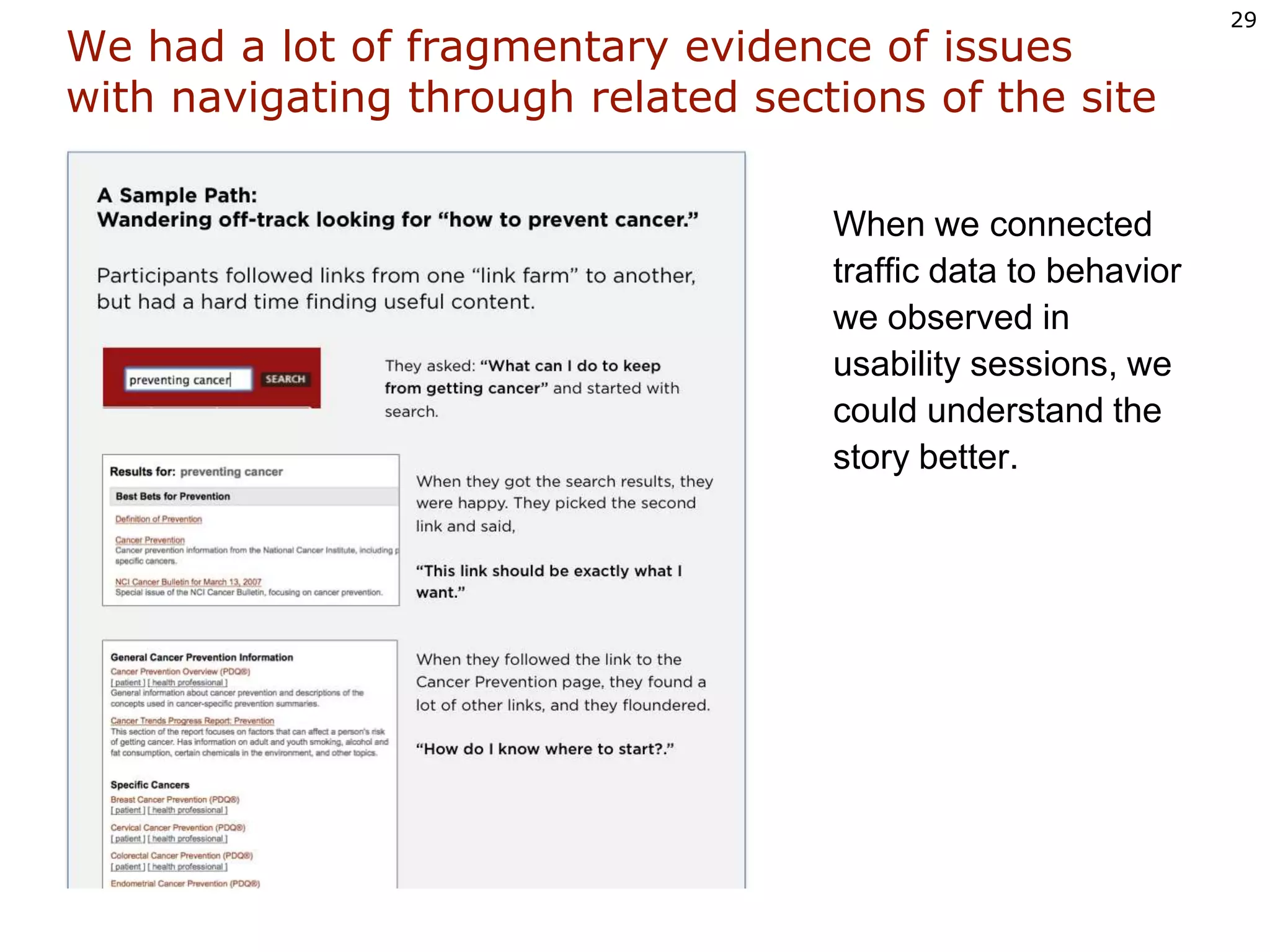 We had a lot of fragmentary evidence of issues with navigating through related sections of the siteWhen we connected traffic data to behavior we observed in usability sessions, we could understand the story better.