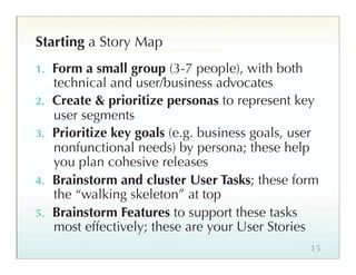 Starting a Story Map
1.   Form a small group (3-7 people), with both
     technical and user/business advocates
2.   Creat...