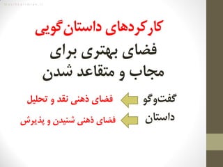 M a s i h k a r i m i a n . i r
‫‌گویی‬‫ن‬‫کارکردهای‌داستا‬
‫فضای‌بهتری‌برای‬‌
‌‫مجاب‌و‌متقاعد‌شدن‬
‫‌وگو‬‫ت‬‫گف‬‌
‌‌‫داستان‬
‌‌‫فضای‌ذهنی‌نقد‌و‌تحلیل‬
‫فضای‌ذهنی‌شنیدن‌و‌پذیرش‬
 