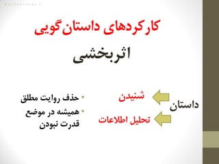 M a s i h k a r i m i a n . i r
‫‌گویی‬‫ن‬‫کارکردهای‌داستا‬
‫اثربخشی‬
‌‌‫داستان‬
‫شنیدن‬
‌‌‫تحلیل‌اطالعات‬
•‫حذف‌روایت‌مطلق‬‌
•‌‫همیشه‌در‌موضع‬
‫قدرت‌نبودن‬
 
