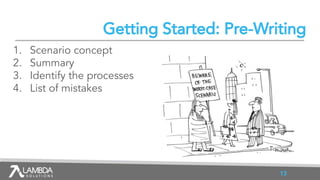 Getting Started: Pre-Writing
1. Scenario concept
2. Summary
3. Identify the processes
4. List of mistakes
13
 