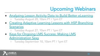 Upcoming Webinars
● Analyzing Lesson Activity Data to Build Better eLearning
○ Tuesday August 20, 10am PT / 1pm ET
● Creat...