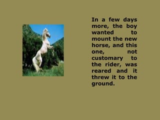 In a few days
more, the boy
wanted to
mount the new
horse, and this
one, not
customary to
the rider, was
reared and it
threw it to the
ground.
 