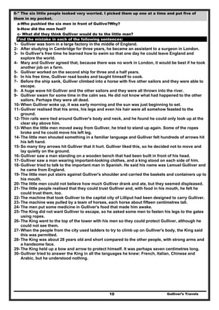 Gulliver’s Travels10
6-" The six little people looked very worried. I picked them up one at a time and put five of
them in my pocket.
a-Who pushied the six men in front of Gullive?Why?
b-How did the men feel?
c- What did they think Gulliver would do to the little man?
Find the mistake in each of the following sentences:
1- Gulliver was born in a large factory in the middle of England.
2- After studying in Cambridge for three years, he became an assistant to a surgeon in London.
3- In Gulliver's free time he learned how to swim so that one day he could leave England and
explore the world.
4- Mary and Gulliver agreed that, because there was no work in London, it would be best if he took
another job on a farm.
5- Gulliver worked on the second ship for three and a half years.
6- In his free time, Gulliver read books and taught himself to cook.
7- Before the ship sank, Gulliver climbed into a horse with five other sailors and they were able to
escape.
8- A huge wave hit Gulliver and the other sailors and they were all thrown into the river.
9- Gulliver swam for some time in the calm sea. He did not know what had happened to the other
sailors. Perhaps they were all dead.
10- When Gulliver woke up, it was early morning and the sun was just beginning to set.
11- Gulliver realised that his arms, his legs and even his hair were all somehow feasted to the
ground.
12- Thin rails were tied around Gulliver's body and neck, and he found he could only look up at the
clear sky above him.
13- When the little men moved away from Gulliver, he tried to stand up again. Some of the ropes
broke and he could move his left leg.
14- The little men shouted something in a familiar language and Gulliver felt hundreds of arrows hit
his left hand.
15- So many tiny arrows hit Gulliver that it hurt. Gulliver liked this, so he decided not to move and
lay quietly on the ground.
16- Gulliver saw a man standing on a wooden bench that had been built in front of his head.
17- Gulliver saw a man wearing important-looking clothes, and a king stood on each side of him.
18- Gulliver tried to talk to the important man in Spanish. He said his name was Lemuel Gulliver and
he came from England.
19- The little men put stairs against Gulliver's shoulder and carried the baskets and containers up to
his mouth.
20- The little men could not believe how much Gulliver drank and ate, but they seemed displeased.
21- The little people realised that they could trust Gulliver and, with food in his mouth, he felt he
could trust them, too.
22- The machine that took Gulliver to the capital city of Lilliput had been designed to carry Gulliver.
23- The machine was pulled by a team of horses, each horse about fifteen centimetres tall.
24- The men put some medicine in Gulliver's food that made him awake.
25- The King did not want Gulliver to escape, so he asked some men to fasten his legs to the gates
using ropes.
26- The King went to the top of the tower with his men so they could protect Gulliver, although he
could not see them.
27- When the people from the city used ladders to try to climb up on Gulliver's body, the King said
this was permitted.
28- The King was about 28 years old and short compared to the other people, with strong arms and
a handsome face.
29- The King held up a bow and arrow to protect himself. It was perhaps seven centimetres long.
30- Gulliver tried to answer the King in all the languages he knew: French, Italian, Chinese and
Arabic, but he understood nothing.
 