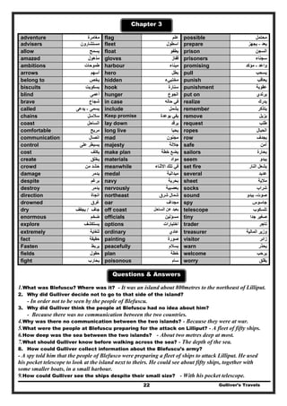Gulliver’s Travels22
Chapter 3
adventure ‫مغامرة‬ flag ‫علم‬ possible ‫محتمل‬
advisers ‫مستشارون‬ fleet ‫اسطول‬ prepare ‫يعد‬-‫يجھز‬
allow ‫يسمح‬ float ‫يطفو‬ prison ‫السجن‬
amazed ‫مذھول‬ gloves ‫قفاز‬ prisoners ‫سجناء‬
ambitions ‫طموحات‬ harbour ‫مينا‬‫ء‬ promising ‫واعد‬-‫مؤكد‬
arrows ‫أسھم‬ hero ‫بطل‬ pull ‫يسحب‬
belong to ‫يخص‬ hidden ‫مختبيء‬ punish ‫يعاقب‬
biscuits ‫بسكويت‬ hook ‫سنارة‬ punishment ‫عقوبة‬
blind ‫أعمى‬ hunger ‫الجوع‬ put on ‫يرتدي‬
brave ‫شجاع‬ in case ‫حاله‬ ‫في‬ realize ‫يدرك‬
called ‫يسمى‬-‫يدعى‬ include ‫يشمل‬ remember ‫يتذكر‬
chains ‫سالسل‬ Keep promise ‫بوعدة‬ ‫يفي‬ remove ‫يزيل‬
coast ‫الساحل‬ lay down ‫يرقد‬ request ‫طلب‬
comfortable ‫مريح‬ long live ‫يحيا‬ ropes ‫الحبال‬
communication ‫اتصال‬ mad ‫مجنون‬ row ‫يجدف‬
control ‫على‬ ‫يسيطر‬ majesty ‫جاللة‬ safe ‫آمن‬
cost ‫يكلف‬ make plan ‫خطة‬ ‫يضع‬ sailors ‫بحارة‬
create ‫يخلق‬ materials ‫مواد‬ seem ‫يبدو‬
crowd ‫من‬ ‫حشد‬ meanwhile ‫االثناء‬ ‫تلك‬ ‫في‬ set fire ‫النار‬ ‫يشعل‬
damage ‫يدمر‬ medal ‫ميدالي‬‫ة‬ several ‫عديد‬
despite ‫برغم‬ navy ‫بحرية‬ sheet ‫مالية‬
destroy ‫يدمر‬ nervously ‫بعصبية‬ socks ‫شراب‬
direction ‫اتجاة‬ northeast ‫شرق‬ ‫شمال‬ sound ‫صوت‬-‫يبدو‬
drowned ‫غرق‬ oar ‫مجداف‬ spy ‫جاسوس‬
dry ‫جاف‬/‫يجفف‬ off coast ‫الساحل‬ ‫عن‬ ‫بعيد‬ telescope ‫تلسكوب‬
enormous ‫ضخم‬ officials ‫مسؤلين‬ tiny ‫جدا‬ ‫صغير‬
explore ‫يستكشف‬ options ‫اختيارات‬ trader ‫تاجر‬
extremely ‫للغاية‬ ordinary ‫عادي‬ treasurer ‫المالية‬ ‫وزير‬
fact ‫حقيقة‬ painting ‫صورة‬ visitor ‫زائر‬
Fasten ‫يربط‬ peacefully ‫بسالم‬ warn ‫يحذر‬
fields ‫حقول‬ plan ‫خطة‬ welcome ‫يرحب‬
fight ‫يحارب‬ poisonous ‫سام‬ worry ‫يقلق‬
Questions & Answers
1.What was Blefuscu? Where was it? - It was an island about 800metres to the northeast of Lilliput.
2. Why did Gulliver decide not to go to that side of the island?
- In order not to be seen by the people of Blefuscu.
3. Why did Gulliver think the people at Blefuscu had no idea about him?
- Because there was no communication between the two countries.
4.Why was there no communication between the two islands? - Because they were at war.
5.What were the people at Blefuscu preparing for the attack on Lilliput? - A fleet of fifty ships.
6.How deep was the sea between the two islands? - About two metres deep at most.
7.What should Gulliver know before walking across the sea? - The depth of the sea.
8. How could Gulliver collect information about the Blefuscu’s army?
- A spy told him that the people of Blefusco were preparing a fleet of ships to attack Lilliput. He used
his pocket telescope to look at the island next to theirs. He could see about fifty ships, together with
some smaller boats, in a small harbour.
9.How could Gulliver see the ships despite their small size? - With his pocket telescope.
 