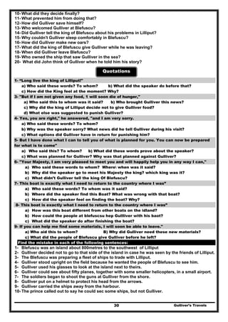 Gulliver’s Travels30
10- What did they decide finally?
11- What prevented him from doing that?
12- How did Gulliver save himself?
13- Who welcomed Gulliver at Blefuscu?
14- Did Gulliver tell the king of Blefuscu about his problems in Lilliput?
15- Why couldn't Gulliver sleep comfortably in Blefuscu?
16- How did Gulliver make new oars?
17- What did the king of Blefuscu give Gulliver while he was leaving?
18- When did Gulliver leave Blefuscu?
19- Who owned the ship that saw Gulliver in the sea?
20- What did John think of Gulliver when he told him his story?
Quotations
1- “Long live the king of Lilliput!"
a) Who said these words? To whom? b) What did the speaker do before that?
c) How did the King feel at the moment? Why?
3- "But if I am not given any food, 1 will soon die of hunger,"
a) Who said this to whom was it said? b) Who brought Gulliver this news?
c) Why did the king of Lilliput decide not to give Gulliver food?
d) What else was suggested to punish Gulliver?
4- Yes, you are right," he answered, "and I am very sorry.
a) Who said these words? To whom?
b) Why was the speaker sorry? What news did he tell Gulliver during his visit?
c) What options did Gulliver have in return for punishing him?
5- But I have done what I can to tell you of what is planned for you. You can now be prepared
for what is to come"
a) Who said this? To whom? b) What did these words prove about the speaker?
c) What was planned for Gulliver? Why was that planned against Gulliver?
6- "Your Majesty, I am very pleased to meet you and will happily help you in any way I can,"
a) Who said these words to whom? Where when was it said?
b) Why did the speaker go to meet his Majesty the king? which king was it?
c) What didn’t Gulliver tell the king Of Blefuscu?
7- This boat is exactly what I need to return to the country where I was”
a) Who said these words? To whom was it said?
b) Where did the speaker find this Boat? What was wrong with that boat?
c) How did the speaker feel on finding the boat? Why?
8- This boat is exactly what I need to return to the country where I was”
a) How was this boat different from other boats on the idland?
b) How could the people at blefuscsu hep Gullliver with his baot?
c) What did the speaker do after finishing the boat?
9- If you can help me find some materials, I will soon be able to leave."
a) Who aid this to whom? B) Why did Gulliver need these new materials?
c) What did the people of Blefuscu give Gulliver before he left?
Find the mistake in each of the following sentences:
1- Blefuscu was an island about 800metres to the southwest of Lilliput
2- Gulliver decided not to go to that side of the island in case he was seen by the friends of Lilliput.
3- The Blefuscu was preparing a fleet of ships to trade with Lilliput.
4- Gulliver stood upright on the field because he wanted the people of Blefuscu to see him.
5- Gulliver used his glasses to look at the island next to theirs.
6- Gulliver could see about fifty planes, together with some smaller helicopters, in a small airport.
7- The soldiers began to shoot the guns at Gulliver from the shore.
8- Gulliver put on a helmet to protect his head from the arrows.
9- Gulliver carried the ships away from the harbour.
10- The prince called out to say he could sec some ships, but not Gulliver.
 