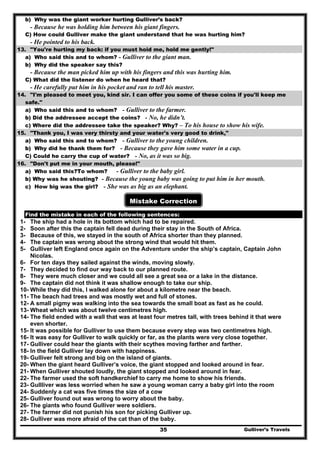 Gulliver’s Travels35
b) Why was the giant worker hurting Gulliver’s back?
- Because he was holding him between his giant fingers.
C) How could Gulliver make the giant understand that he was hurting him?
- He pointed to his back.
13. "You're hurting my back: if you must hoid me, hold me gently!"
a) Who said this and to whom? - Gulliver to the giant man.
b) Why did the speaker say this?
- Because the man picked him up with his fingers and this was hurting him.
C) What did the listener do when he heard that?
- He carefully put him in his pocket and ran to tell his master.
14. "I'm pleased to meet you, kind sir. I can offer you some of these coins if you'll keep me
safe."
a) Who said this and to whom? - Gulliver to the farmer.
b) Did the addressee accept the coins? - No, he didn’t.
c) Where did the addressee take the speaker? Why? – To his house to show his wife.
15. "Thank you, I was very thirsty and your water's very good to drink,"
a) Who said this and to whom? - Gulliver to the young children.
b) Why did he thank them for? - Because they gave him some water in a cup.
C) Could he carry the cup of water? - No, as it was so big.
16. "Don't put me in your mouth, please!"
a) Who said this?To whom? - Gulliver to the baby girl.
b) Why was he shouting? - Because the young baby was going to put him in her mouth.
c) How big was the girl? - She was as big as an elephant.
Mistake Correction
Find the mistake in each of the following sentences:
1- The ship had a hole in its bottom which had to be repaired.
2- Soon after this the captain fell dead during their stay in the South of Africa.
3- Because of this, we stayed in the south of Africa shorter than they planned.
4- The captain was wrong about the strong wind that would hit them.
5- Gulliver left England once again on the Adventure under the ship’s captain, Captain John
Nicolas.
6- For ten days they sailed against the winds, moving slowly.
7- They decided to find our way back to our planned route.
8- They were much closer and we could all see a great sea or a lake in the distance.
9- The captain did not think it was shallow enough to take our ship.
10- While they did this, I walked alone for about a kilometre near the beach.
11- The beach had trees and was mostly wet and full of stones.
12- A small pigmy was walking into the sea towards the small boat as fast as he could.
13- Wheat which was about twelve centimetres high.
14- The field ended with a wall that was at least four metres tall, with trees behind it that were
even shorter.
15- It was possible for Gulliver to use them because every step was two centimetres high.
16- It was easy for Gulliver to walk quickly or far, as the plants were very close together.
17- Gulliver could hear the giants with their scythes moving farther and farther.
18- In the field Gulliver lay down with happiness.
19- Gulliver felt strong and big on the island of giants.
20- When the giant heard Gulliver’s voice, the giant stopped and looked around in fear.
21- When Gulliver shouted loudly, the giant stopped and looked around in fear.
22- The farmer used the soft handkerchief to carry me home to show his friends.
23- Gullliver was less worried when he saw a young woman carry a baby girl into the room
24- Suddenly a cat was five times the size of a cow
25- Gulliver found out was wrong to worry about the baby.
26- The giants who found Gulliver were soldiers.
27- The farmer did not punish his son for picking Gulliver up.
28- Gulliver was more afraid of the cat than of the baby.
 