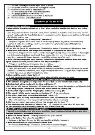 14 – The bad servant put Gulliver into a towel of cream.
15 – The queen punished Gulliver for hurting the servant.
16 – Gulliver used his knife to attack the bees.
17 – The mountains are in the south of the country.
18 – The people get their fish from the seas.
19 – A bear smelled Gulliver and took him in its mouth.
20 – The monkey was unkind to Gulliver.
Questions of the Set Book
A. Answer these questions.
1. What did the King think of Gulliver at first? What made him decide that Gulliver was telling
the truth?
-The King could not believe that such a small person could live or that there could be a whole country
of such small people. But he asked the farmer, his daughter, and the Queen about Gulliver and decided
that what he said was true.
2. Where did Gulliver stay in the palace? Describe it?
- The palace carpenter made him a home. It was the size of the box the farmer had used to carry
Gulliver. It had a door and large windows. The walls were soft and the roof could be lifted up.
3. Who did Gulliver eat with?
- He ate with the Queen, her daughters and Glumdalclitch, and on Wednesdays the King joined them.
4. What were some of the bad things that happened to Gulliver at the palace?
- One servant dropped him into cream. Later he made apples fall off a tree onto Gulliver. A dog caught
him in its mouth. He fell into a hole made by an animal. The bees were very large to him, and once
some bees came into his house. A monkey carried him up to the top of the roof.
5. After Gulliver was picked up by the dog, Glumdalclitch promised never to leave him alone
again. Gulliver was not pleased to hear this. Why was that so?
- Perhaps he wanted more privacy, some time to be alone.
6. What did Gulliver learn about the geography of the country?
- There were mountains to the north and no one had ever crossed them. No one knew what was on the
other side. There were no harbours, so no ships came from other lands. They got their fish from rivers
and didn’t go out to sea. There were fifty-one cities.
7. Where did the monkey take Gulliver?
- It took him to the top of the roof of the palace. Then it left him there and ran away.
B. Write “T” for True and “F” for False. Correct the false statements.
1. The scholars thought it was impossible for there to be a land full of small people. (T)
2. Gulliver took all his meals with the King and Queen. (F)
- The King ate with them on Wednesdays. He usually ate with the Queen, her daughters and Glumdalclitch.
3. The King enjoyed talking with Gulliver and asking about his country. (T)
4. Gulliver felt angry when the King laughed at his own country. (T)
5. The country of the giants has only one harbour. (F) - It has no harbours.
6. The giants have never travelled outside their country. (T)
7. The Queen had a sailing boat made for Gulliver so he could leave the country. (F)
- She had it made so he could enjoy himself (sailing in a lake in her garden).
8. His boat was nearly overturned when a frog jumped into the lake. (T)
9. The monkey came into Gulliver’s house. (F) - It came into the room where his house was.
10. The monkey carried Gulliver up onto the roof of the palace. (T)
E. Read this quotation and answer the questions.
“I cannot believe that people who are so small can have houses and cities, clothes and jobs,
rewards and prizes, arguments and fights!”
1. Who said this to whom? - The King said this to one of his advisers.
2. How did Gulliver feel when he heard this?
- He began to feel angry because the King was laughing at Gulliver’s country.
3. What else did Gulliver realise when he heard this?
Gulliver’s Travels15
- He realised that the King’s country was like Gulliver’s only much bigger.
 