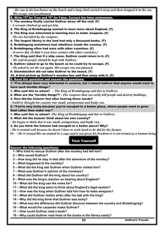 - He was in his box/house on the beach and a large bird carried it away and then dropped it in the sea.
His escape was not planned
B. Write “T” for True and “F” for False. Correct the false statements.
1. The monkey finally carried Gulliver down off the roof. (F)
- A servant climbed up and got him.
2. The King of Brobdingnag wanted to learn more about England. (T)
3. The King was interested in learning how to make weapons. (F)
- He was horrified by the weapons.
4. The largest library in the land had only a thousand books. (T)
5. Brobdingnag sometimes had rebellions inside the country. (T)
6. Brobdingnag often had wars with other countries. (F)
- It never did. (It didn’t even have contact with other countries.)
7. The King said that if a ship came, Gulliver could return in it. (F)
- He said its people should be kept with Gulliver.
8. Gulliver asked to go to the beach so he could try to escape. (F)
- He asked to see the sea again. His escape was not planned.
9. Glumdalclitch did not take Gulliver to the beach. (T)
10. A bird picked up Gulliver’s wooden box and flew away with it. (T)
E. Read this quotation and answer the questions.
1. “I’ve always been very interested in science, but I cannot believe that anyone would want to
have such terrible things.”
1. Who said this to whom? - The King of Brobdingnag said this to Gulliver.
2. What are the “terrible things”? - The weapons that can easily kill people and destroy buildings.
3. How did the listener feel after hearing these words?
- Gulliver thought his country was small, unimportant and badly run.
2. “You’re very lucky because you've escaped to a better place, where people want to grow
food rather than make war.”
1. Who said this to whom? -The King of Brobdingnag said this to Gulliver.
2. What did the listener think about his own country?
- He began to think that it was small, unimportant, and badly run.
3. Do you think the listener had escaped to a better place? Why?
- He is treated well because he doesn’t have to work hard as he did for the farmer.
Or - He is treated like an animal in a cage and is not given his freedom or is not treated as a human being.
Test Yourself
Answer the following questions:
1- Who tried to rescue Gulliver after the monkey had left him?
2 – Who saved Gulliver?
3 – How long did he stay in bed after the adventure of the monkey?
4 – What happened to the monkey?
5 – What did the king ask Gulliver when Gulliver visited him?
7 – What was Gulliver's opinion of the monkeys?
8 – What did Gulliver tell the king about his country?
9 – What was the king's reaction on hearing about England?
10 – What did the king use the notes for?
11 – What did the king seem to think about England's legal system?
12 – How was the king when Gulliver told him how to make weapons?
13 – What did Gulliver realize when after his talk with the king?
14 – Why did the king think that Gulliver was lucky?
15 – What was the difference did Gulliver discover between his country and Brobdingnag?
16 – What would the carpenter make Gulliver?
17 – How could Gulliver read a book?
Gulliver’s Travels22
18 – Why could Gulliver read most of the books in the library easily?
 