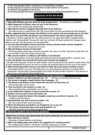 17-The king thought Gulliver would die as he looked like a skeleton.
18-The king sent a servant to ask the farmer to take Gulliver to the palace.
19 -Gulliver said goodbye to the farmer.
20-The king thought the fanner had tricked the Queen by selling Glumdalclitch to her.
Questions of the Set Book
A. Answer the following questions:
1. Why didn’t Gulliver get hurt when the baby dropped him? - He landed on a soft blanket.
2. What happened to Gulliver when he was in the bedroom?
- Two rats the size of large dogs attacked him.
3. What did the farmer’s daughter Glumdalclitch do for Gulliver?
- She helped prepare a small bed for him. She sewed clothes for him and taught him their language.
4. Who suggested that the farmer take Gulliver to the market and have people pay to see him?
Why did he say this? Why did Gulliver say “unfortunately” the farmer agreed to the idea?
- The farmer’s friend suggested this. He said it because he was angry that Gulliver laughed at him.
Gulliver said “unfortunately” because the work was very hard. He had to perform for strangers many
times in one day. Also the journey was uncomfortable.
5. For how long did Gulliver travel around the country with the farmer and his daughter?
- He travelled around the country for ten weeks.
6. Why did Gulliver become ill and tired?
- He had to perform many times a day for the people who came to see him. The farmer made him work
a lot and didn’t realize how tiring it was for him.
7. Why was the farmer so willing to sell Gulliver to the Queen?
- He saw that Gulliver was losing weight and felt ill and tired. He thought Gulliver would die soon.
8. How did Gulliver feel towards the farmer and towards his daughter?
- He didn’t like the farmer because he made Gulliver work very hard and only wanted to make money. But
he liked Glumdalclitch because she took care of him. He asked the Queen to let her stay as his teacher.
9. What did the King think when he saw Gulliver? Why did he not believe Gulliver’s story?
-He thought Gulliver was a toy. The King had a very good education (and knew everything about
mathematics and the history and geography of his land). He did not believe Gulliver’s story because it
did not agree with what the King already knew.
B.Write “T” for True and “F” for False. Correct the false statements.
1. Gulliver killed the rats that attacked him. (F) - He hurt one and they both ran away.
2. The farmer’s daughter taught Gulliver their language. (T)
3. The farmer took Gulliver to the market the day after he found him. (F)
- He took him after several weeks.
4. They travelled to the market in a ship. (F)
- They travelled by horse and Gulliver was in a box.
5. It was difficult for Gulliver to travel around the country. (T)
6. Gulliver was not sad to leave the farmer. (T)
7. The farmer asked the Queen if his daughter could stay as Gulliver’s teacher. (F)
- Gulliver asked the Queen.
8. Glumdalclitch was sad to leave her father. (F)
- She was excited to have a job at the palace.
9. When the King first saw Gulliver, he thought he was a toy. (T)
10. The farmer tricked the Queen into buying Gulliver. (F)
- He didn’t trick her but the King thought he had.
D. Read this quotation and answer the questions:
“Well if he’s so clever, you should make him work so that you can earn some money from him.”
1. Who said this to whom?
- The farmer’s friend said this to the farmer.
2. Who is he talking about and what is his suggestion for earning money?
Gulliver’s Travels8
- He is talking about Gulliver. The farmer will make people pay to see him.
 