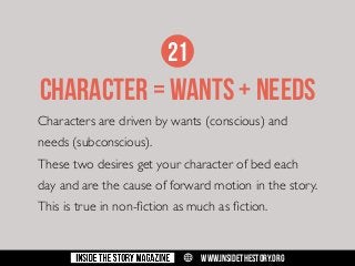 21

character = WANTS + NEEDS
Characters are driven by wants (conscious) and
needs (subconscious).
These two desires get your character of bed each
day and are the cause of forward motion in the story.
This is true in non-fiction as much as fiction.

w

WWW.INSIDETHESTORY.ORG

 