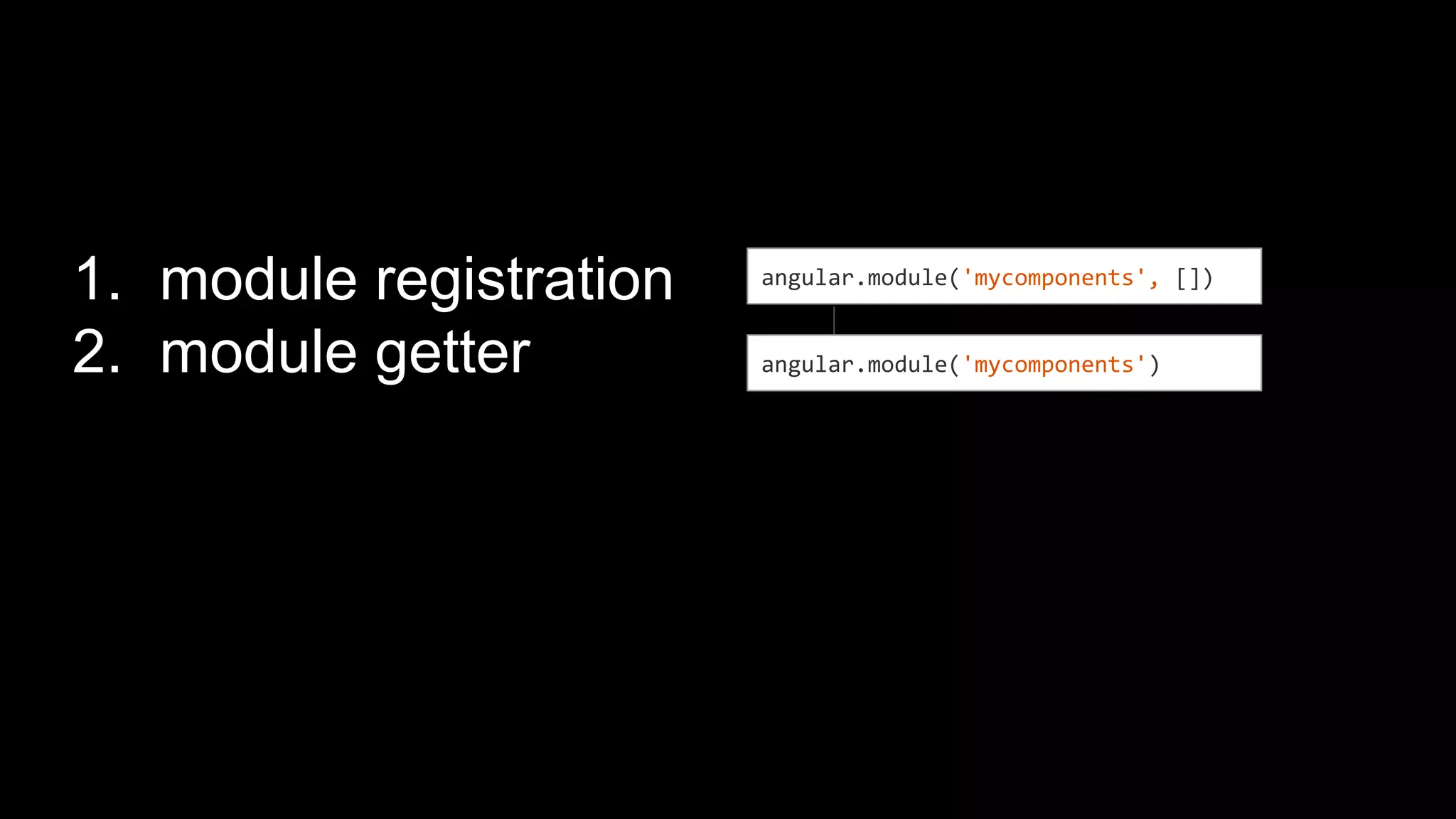 ...
angular.module('mycomponents', [])
angular.module(myapp).controller(function(dataService){ … )
angular.module('myapp', ['mycomponents'])
angular.module(mycomponent).service(“dataService” )
 
