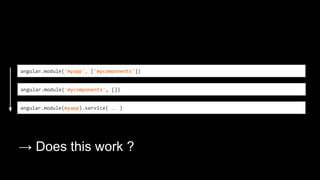 angular.module('mycomponents', [])
angular.module('myapp', ['mycomponents'])
angular.module(myapp).controller( … )
angular.module(mycomponents).service( … )
angular.module(myapp).service( … )
applicationContext.js → module registration
[src/**/*.js, !applicationContext.js] → module getters
...
 