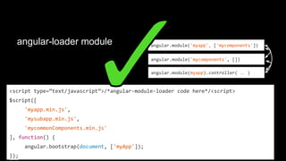 How to lazy load junks of code?
- just less/no SPA ?
$script([
'mysubapp.min.js',
'mycommonComponents.min.js'
], function() {
angular.bootstrap(document, ['myApp']);
});
$script([
'myapp.min.js',
'mycommonComponents.min.js'
], function() {
angular.bootstrap(document, ['myApp']);
});
app/index.html
app/subapp/index.html
How to handle
dependencies from
app to app ?
 