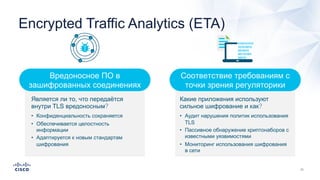 Encrypted Traffic Analytics (ETA)
Соответствие требованиям с
точки зрения регуляторики
Вредоносное ПО в
зашифрованных соединениях
Является ли то, что передаётся
внутри TLS вредоносным?
• Конфиденциальность сохраняется
• Обеспечивается целостность
информации
• Адаптируется к новым стандартам
шифрования
Какие приложения используют
сильное шифрование и как?
• Аудит нарушения политик использования
TLS
• Пассивное обнаружение криптонаборов с
известными уязвимостями
• Мониторинг использования шифрования
в сети
 