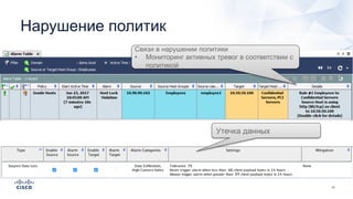 Нарушение политик
Связи в нарушении политики
• Мониторинг активных тревог в соответствии с
политикой
Утечка данных
 