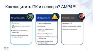 Предотвращаем Обнаруживаем Снижаем риск
•Антивирус
•Обнаружение бестелесного
ВПО
•Облачная аналитика (1:1,
1:многим)
•Клиентские индикаторы
компрометации
•Статический анализ
•Песочница
•Защита от вредоносной
активности
•Машинное обучение
•Корреляция потоков данных
с устройства
•Облачные индикаторы
компрометации
•Уязвимое ПО
•Редко встречаемые файлы
•Анализ логов прокси
Как защитить ПК и сервера? AMP4E!
 