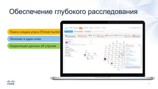 Поиск следов угроз (Threat hunting)
Лечение в один клик
Корреляция данных об угрозах
Обеспечение глубокого расследования
 