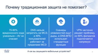 70-90%
вредоносного кода
уникально – AV не
спасает
DNS нельзя
запретить на МСЭ,
а 49%
пользователей
работают за
пределами МСЭ
Сканеры
уязвимостей ищут
дыры, а DNS-ВПО
использует
стандартные
функции
VPN частично
решает проблему,
но 69% филиалов
подключается
напрямую
Почему традиционная защита не помогает?
А как вы защищаете мобильные устройства?
 
