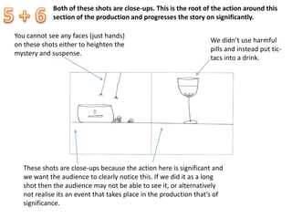Both of these shots are close-ups. This is the root of the action around this
section of the production and progresses the story on significantly.
These shots are close-ups because the action here is significant and
we want the audience to clearly notice this. If we did it as a long
shot then the audience may not be able to see it, or alternatively
not realise its an event that takes place in the production that’s of
significance.
We didn’t use harmful
pills and instead put tic-
tacs into a drink.
You cannot see any faces (just hands)
on these shots either to heighten the
mystery and suspense.
 