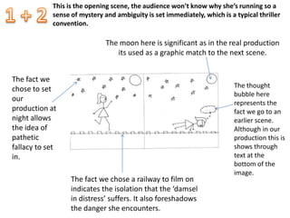 The fact we
chose to set
our
production at
night allows
the idea of
pathetic
fallacy to set
in.
The fact we chose a railway to film on
indicates the isolation that the ‘damsel
in distress’ suffers. It also foreshadows
the danger she encounters.
The moon here is significant as in the real production
its used as a graphic match to the next scene.
The thought
bubble here
represents the
fact we go to an
earlier scene.
Although in our
production this is
shows through
text at the
bottom of the
image.
This is the opening scene, the audience won’t know why she’s running so a
sense of mystery and ambiguity is set immediately, which is a typical thriller
convention.
 